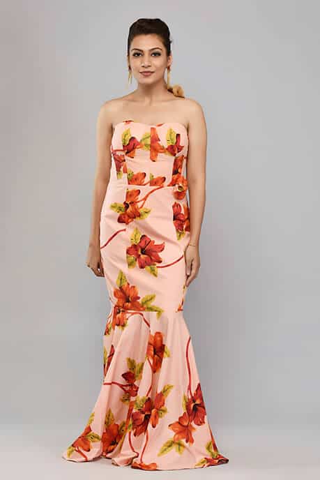 Peach Floral Print Fish Cut Style Gown