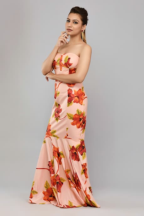 Peach Floral Print Fish Cut Style Gown