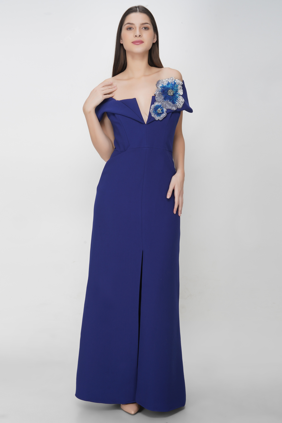 Off Shoulder Blue Flower Detailed Dress