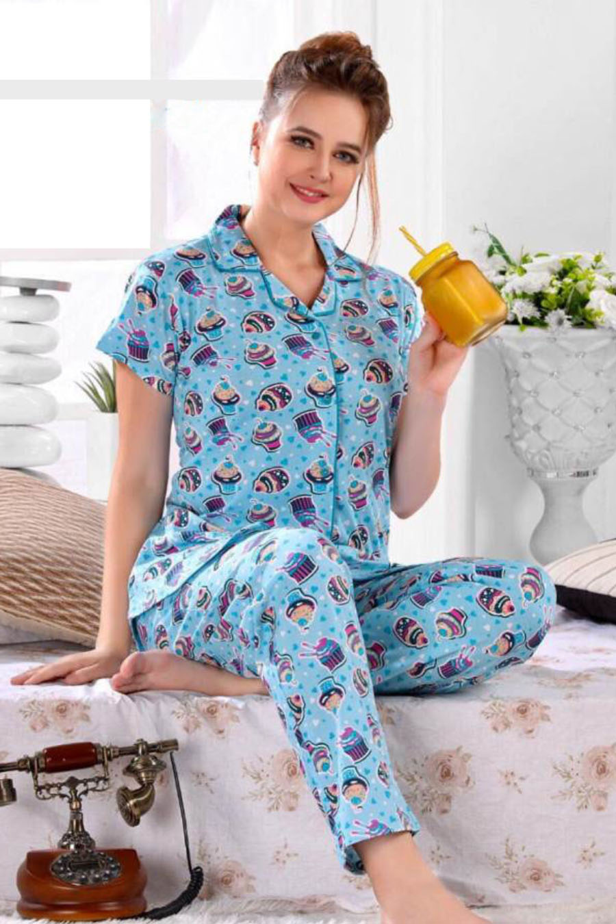 Blue Muffin Printed Night Suit Set