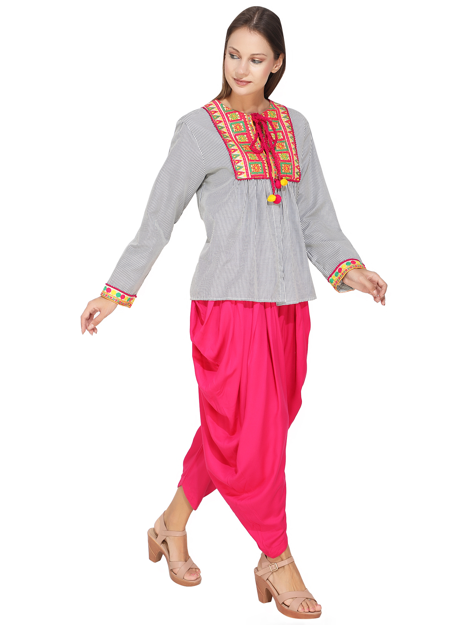 Embroidered short kurti with Tie  knot & Dhoti