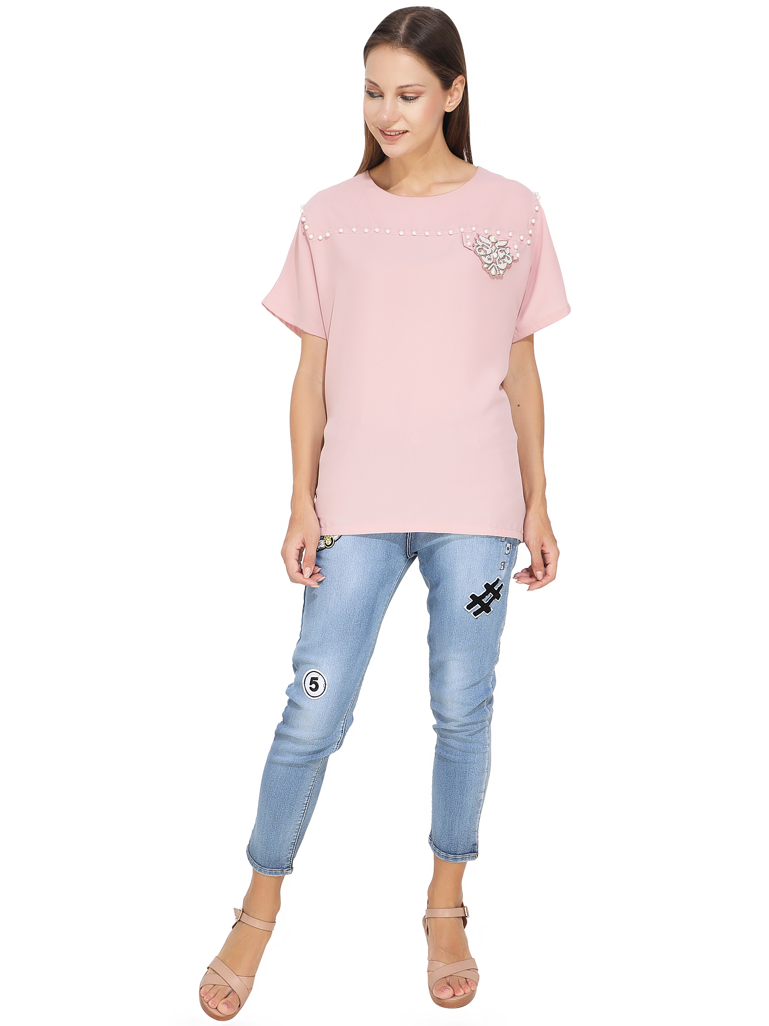 White Pearl Studded Powder Pink T-Shirt
