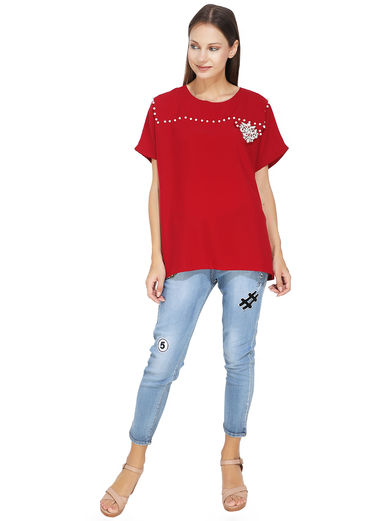 White  Pearl Studded Red T-Shirt