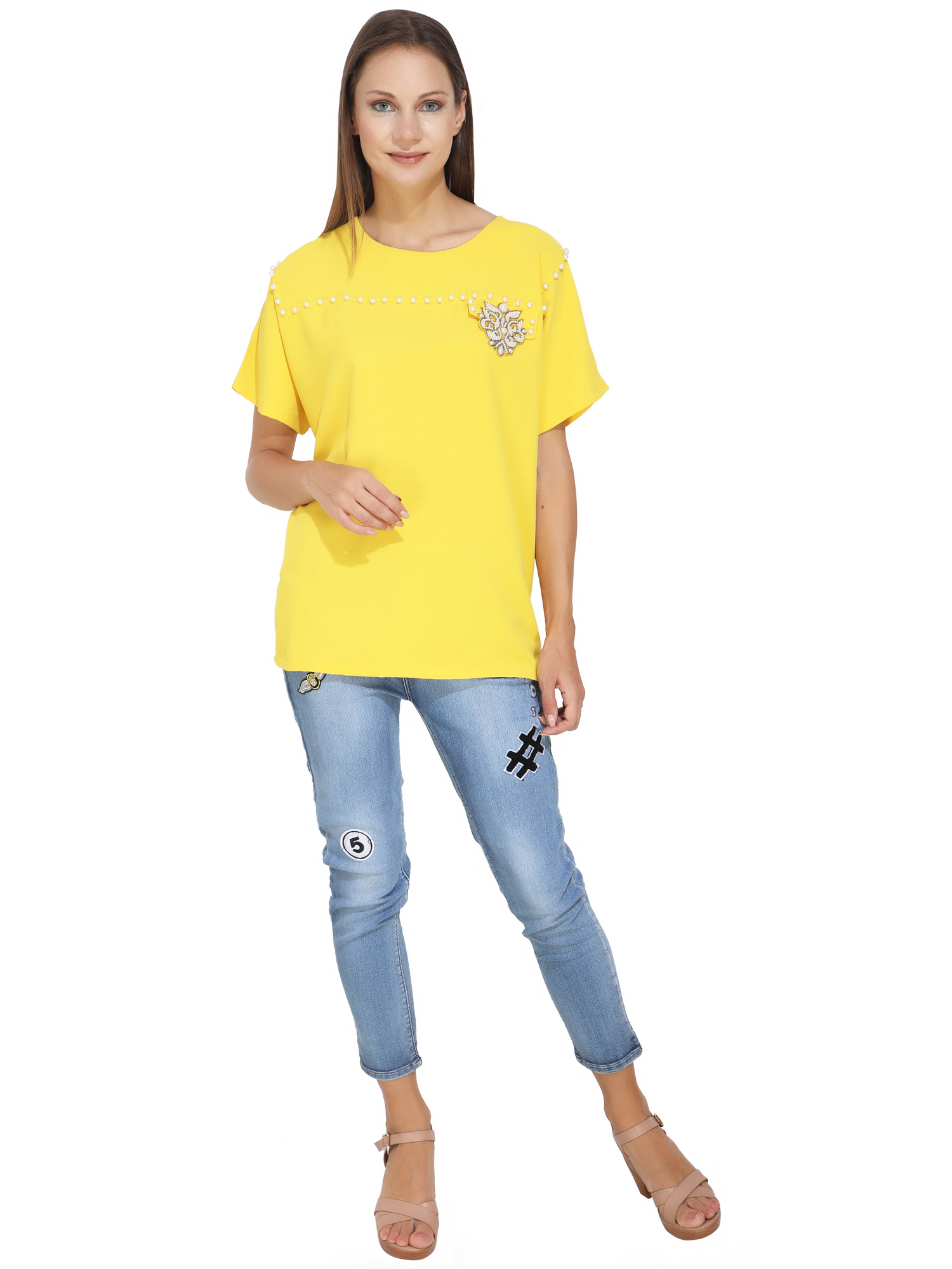 White Pearl Studded Yellow T-Shirt
