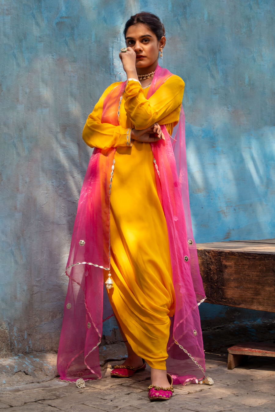 Alphanso Yellow Gown With Fuchsia Cape