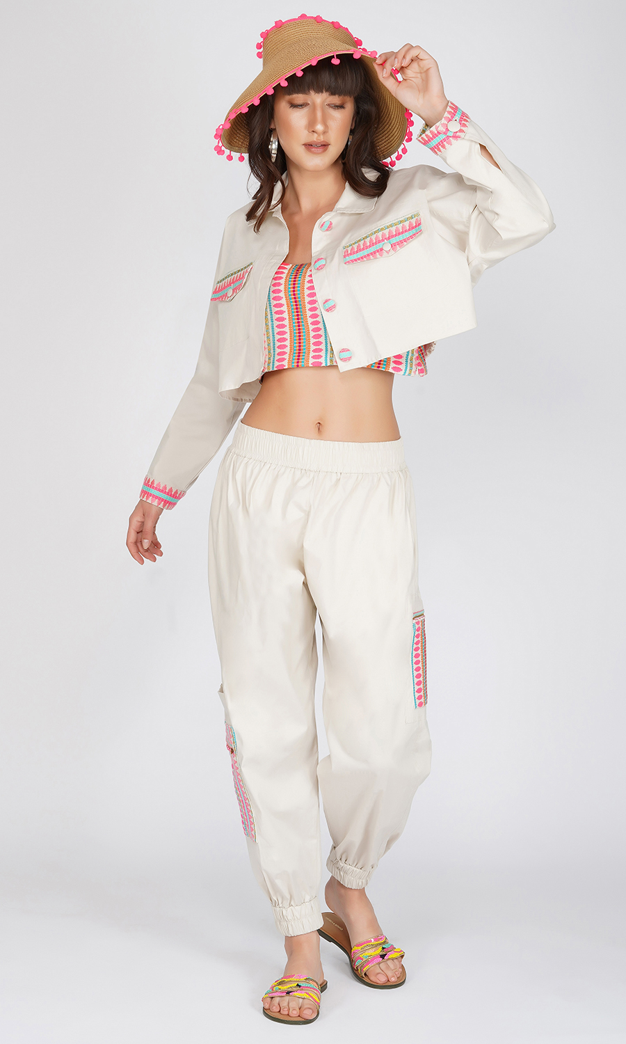Beige Jogger and Jacket Set with Multicolor Camisole (Set of 3)