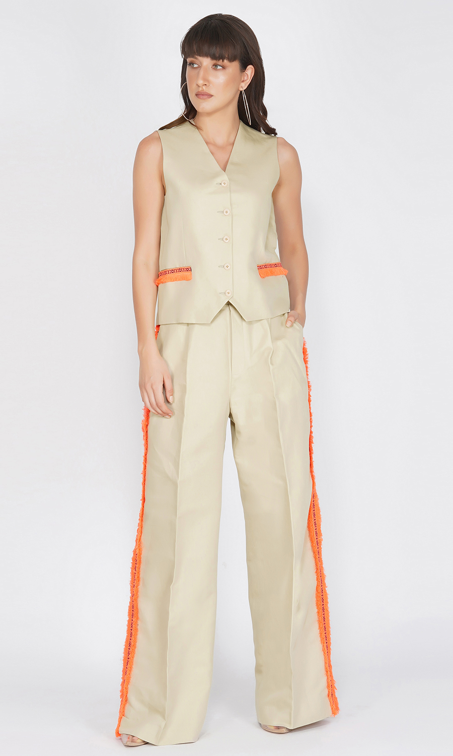 Beige Waist Coat and Trouser with Neon Orange Trims
