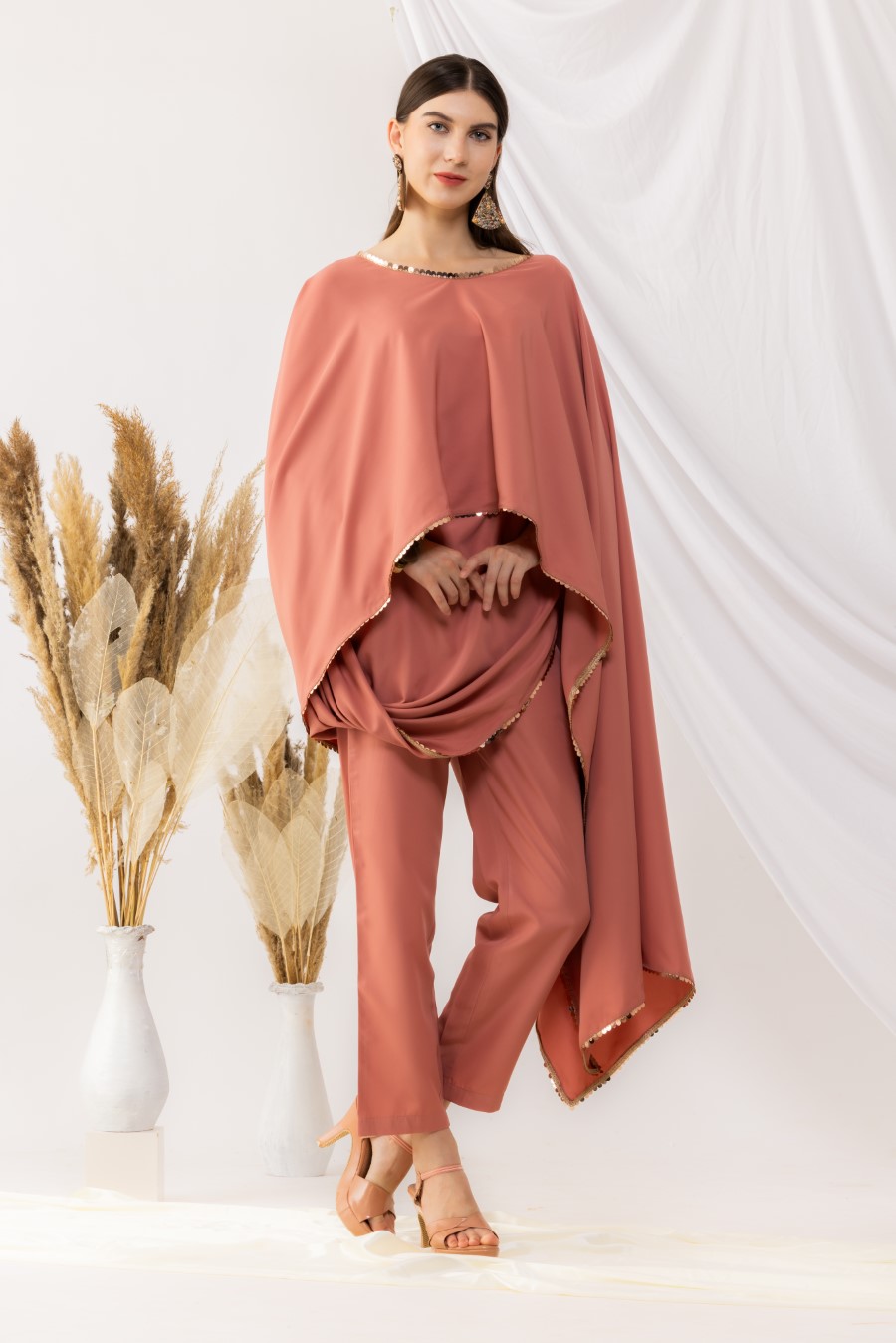 Coral Rose Cape Bohemian Style Drape Top With Staight pant
