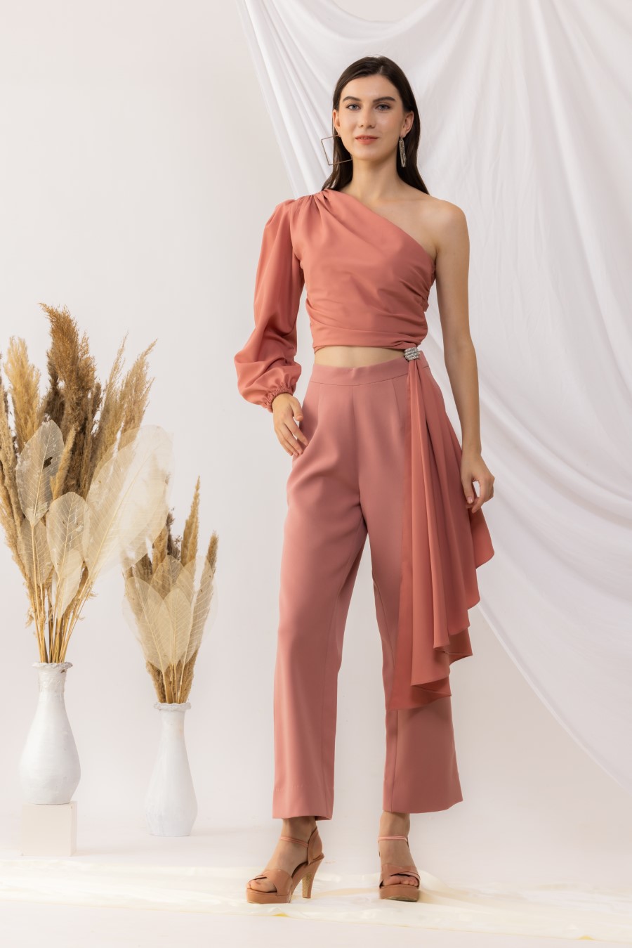 Coral Rose Pink One Shoulder Crop Top With Straight pant