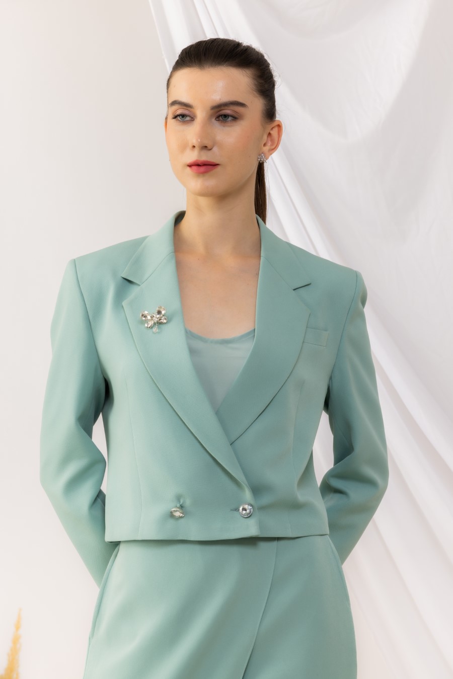 Sea Green Double Breasted Blazer With Crystal Buttons And Brooch