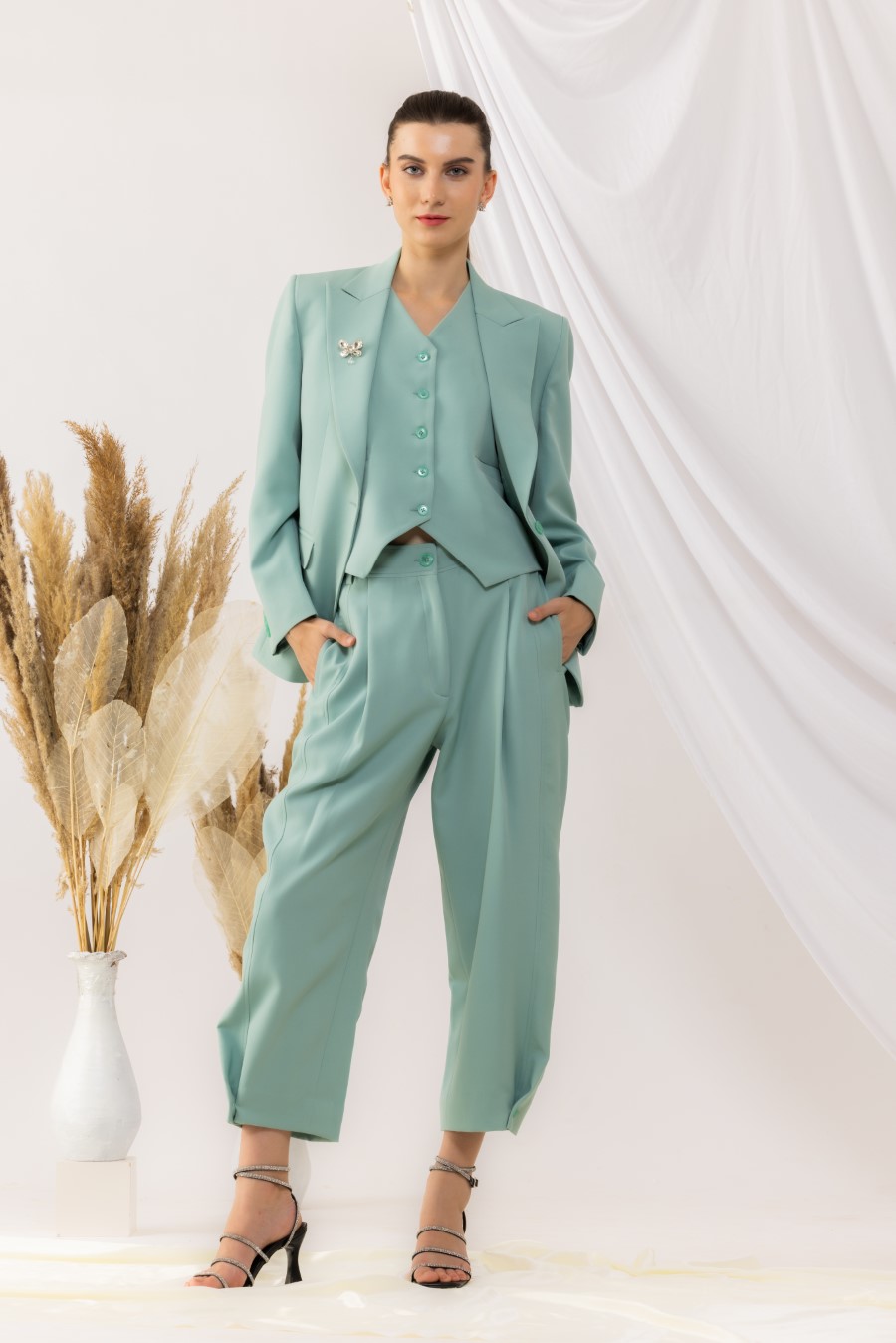 Sea Green Single Button Blazer With Waist Coat And yoka style Pant set